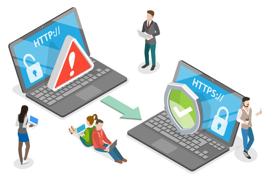 3D Isometric Flat  Conceptual Illustration of HTTP Vs HTTPS Protocol
