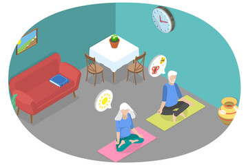 Fototapeta na wymiar 3D Isometric Flat Conceptual Illustration of Benefits Of Meditation For Seniors