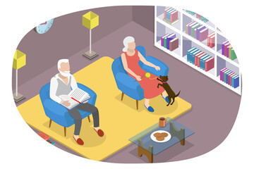 Fototapeta na wymiar 3D Isometric Flat Conceptual Illustration of Seniors Relaxing At Home