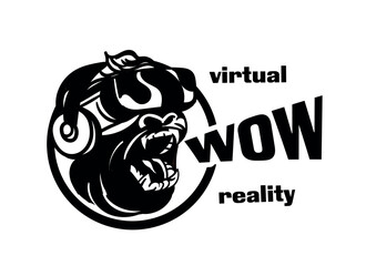 Game logo black. Poster or banner for website. Design element for printing on fabric. Virtual reality, wow, silhouette of character in vr glasses. Cartoon flat vector illustration