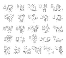 Alphabet with animals line. Educational element for children, education and training. Tropical and exotic animals, mammal and predator. Baby textbook. Cartoon flat vector illustration