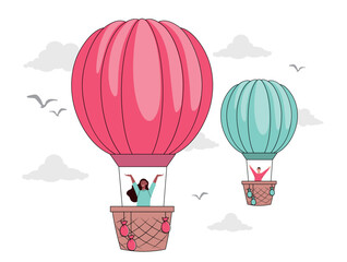 People on hot air balloon. Man and woman fly in air, travel and adventure. Design element for printing on greeting postcard. Sky with clouds and birds, romance. Cartoon flat vector illustration