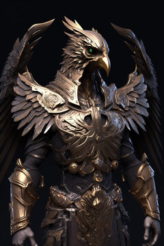 Eagle warrior in gold armor, concept art. Generative AI design