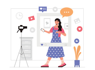 Woman make blog on Internet. Young girl shoots herself on camera, leads social networks. Popular personality and famous character creates interesting content. Cartoon flat vector illustration