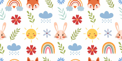 Cute spring hand-drawn pattern with bunny, fox