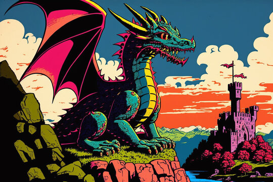 Dragon sitting on top of a hill with castle in the background. Retro classic style painting. Generative AI art