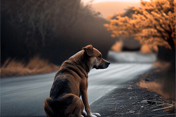 abandoned dog on the road. generative Ai