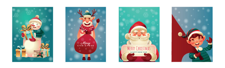 Christmas cards set. Collection of posters or banners for website. Winter holidays and New Year season, present and surprise, gift. Cartoon flat vector illustrations isolated on white background