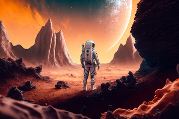 A astronaut standing in a strange planet. Digital art, generative ai illustration