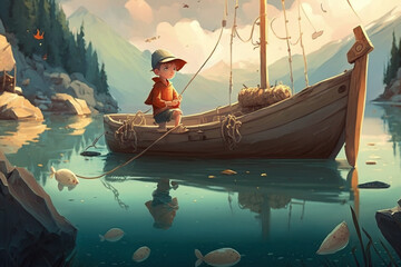 The beautiful child is fishing with a boat digital art style illustration painting fantasy illustration, Generative AI	