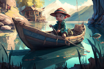 Obraz premium Beautiful child is fishing with a boat digital art style illustration painting fantasy illustration, Generative AI 