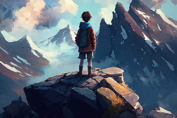 Young boy standing on the mountain and looking at the rocks floating in the sky digital art style illustration painting, Generative AI	