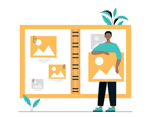 Man with photos. Young guy near album, paparazzi and photographer. Memories and bright moments in life on photography, picture and files. Cartoon flat vector illustration