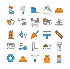Construction and architecture color icons set. Collection of graphic elements for website. Engineer and worker, industrial tools. Cartoon flat vector illustrations isolated on white background