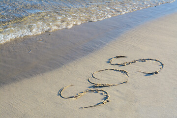 SOS message written on sand near sea