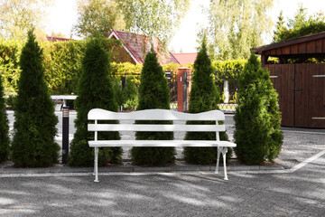 Stylish white wooden bench in garden on sunny day