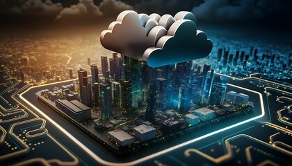 Smart city on circuit board background with Cloud computing. Modern hi-tech, science, futuristic technology concept. with Generative AI Technology.