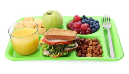 Tray with tasty food and juice on white background. School lunch