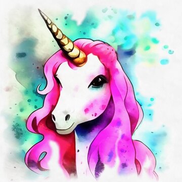 Illustration of unicorn in watercolor style on paper canvas,  generative AI