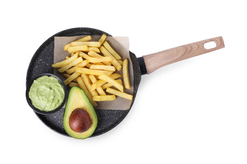 Serving pan with delicious french fries and avocado dip isolated on white, top view
