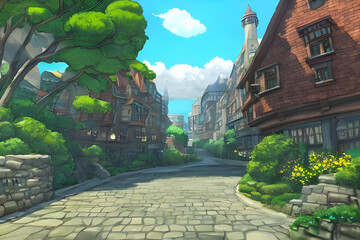 ファンタジーゲーム石畳の道がある街の入り口