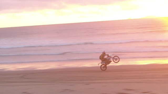Aerial of Dirt biker doing a wheelie at sunset on beach in Baja during pink and purple sunset