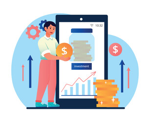 Concept of investment. Man with gold coins stands near smartphone with graphs and charts, trends. Economics and trading. Financial literacy and passive income. Cartoon flat vector illustration