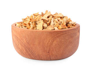 Bowl of dried orange zest seasoning isolated on white