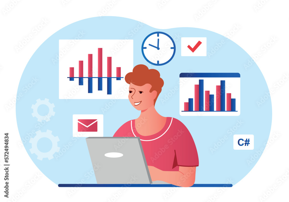 Aufkleber man working at laptop. young guy on background of graphs and diagrams, working with statistics and i