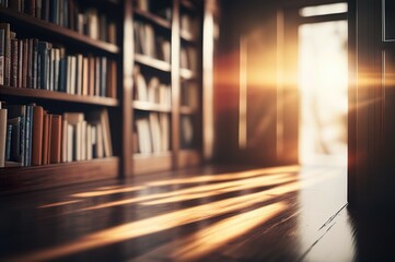 The golden morning sun shone through the interior of the library with bookshelf scenes and brown wooden floors. AI-generated images - obrazy, fototapety, plakaty