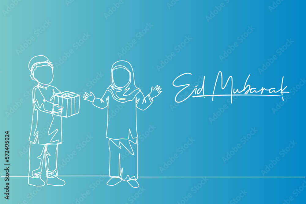 Canvas Prints Single continuous line drawing of young muslim boy giving a present gift to sister. Eid Mubarak greeting card, banner, and poster concept. Trendy one line draw design illustration background