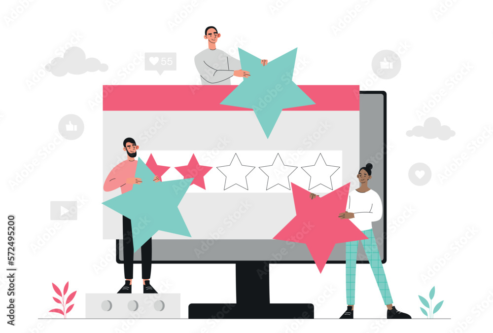 Poster online rating concept. people with stars in their hands at computer monitor. feedback and user opini