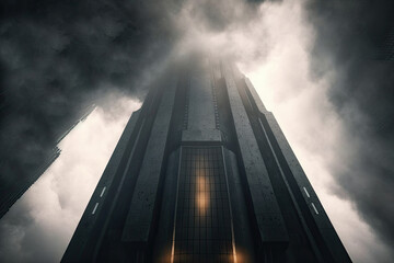 Dark building standing tall towards sky with dark clouds ground point of view generative ai art