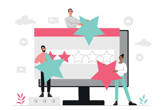 Online rating concept. People with stars in their hands at computer monitor. Feedback and user opinion about product or service. Marketing and promotion on Internet. Cartoon flat vector illustration