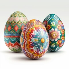 Fototapeta premium Illustration of Three Colorful Painted, Dyed, Decorated Eggs Suitable for Easter, Ukraine, Croatia, Pysanky, Isolated on White, Made in Part with Generative AI 