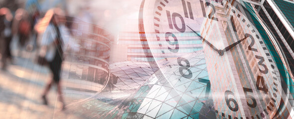 Time related concepts. Multiple exposure of clock, office buildings and people. Banner design