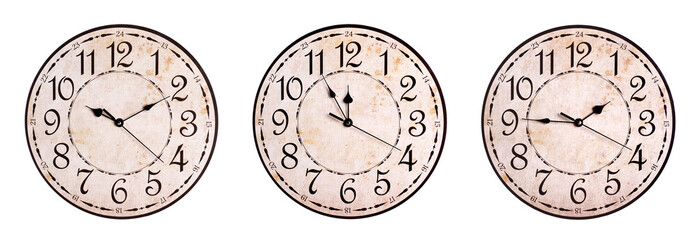 Stylish vintage clock showing different time on white background, collage design