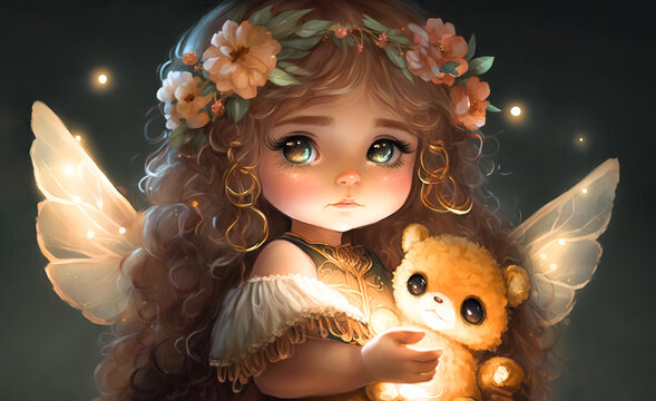 Fairy princess, cartoon small fairy angel child girl with wings and a headdress holding a teddy bear. Image created with generative ai