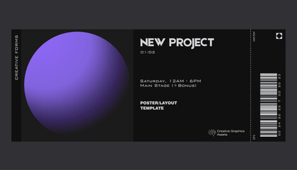 Gradient aesthetic art modern ticket design. Template layout with blurred digital gradient resembling a planet.