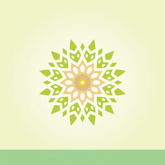 Green and yellow logo with snowflake. Flowers logo icon with green and gold color