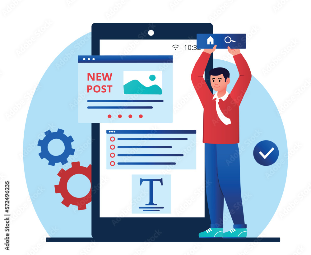Poster website design concept. man designs interface for program, software or application on smartphone, ui