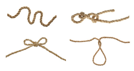 Set of durable hemp ropes on white background