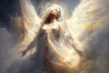 Golden Angel, AI Generated Image of a Beautiful Golden Angel Ascending into Heaven - obrazy, fototapety, plakaty
