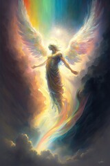 Beautiful Rainbow Colored Angel Spirit Guide, AI Generated Image of an Angel in the Clouds