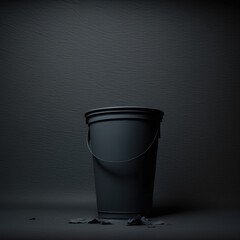 empty bucket trash can on black background, under studio lights, copy space, generative ai, product display 3D rendered