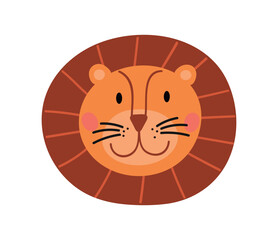 Cute lion head. Predator and mammal, tropical and exotic animal, African savannah. Sticker for social networks and messengers in minimalist style. Cartoon flat vector illustration