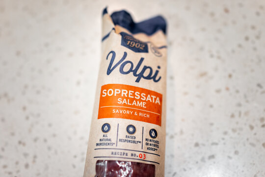 Naples, USA - May 24, 2022: Closeup macro of Volpi sopressata salame brand label sign text for salami sausage with no nitrates