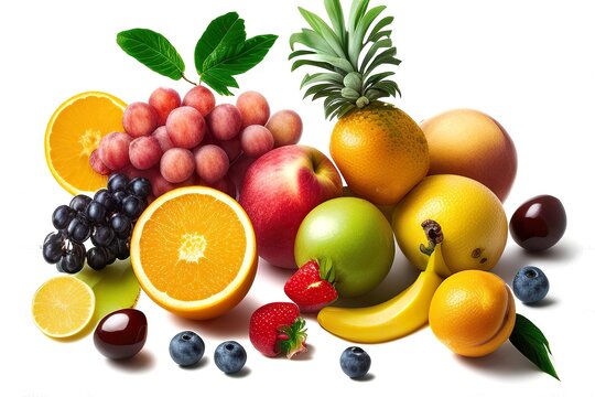 Summer combined fruits consist of pineapple, grapes, kiwis, berries and oranges split on a white background. AI-generated images