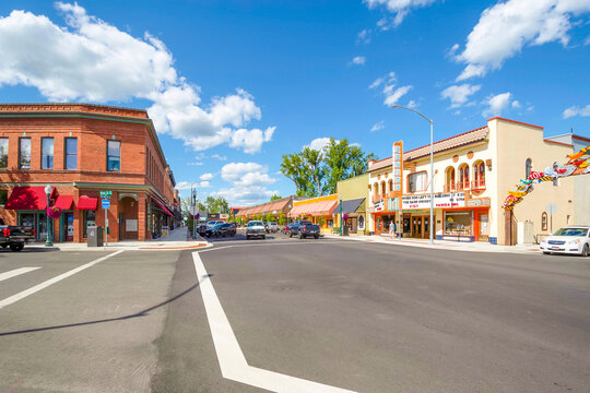 General view of the historic downtown Main Street through Sandpoint, Idaho, a picturesque small town on Lake Pend Oreille in the North Idaho panhandle, on August 3 2022.