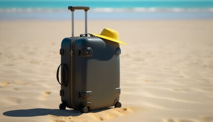 A black suitcase, packed and ready for a beach holiday